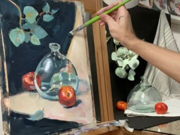 Pintura de un bodegón con un jarrón transparente al acrílico