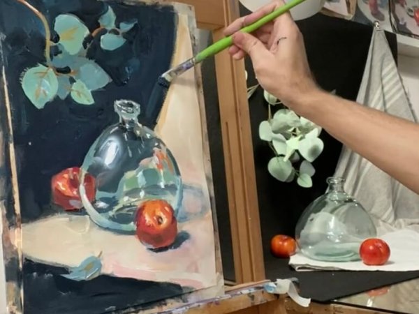 pintura acrilica jarron vidrio transparente y ciruelas rojas