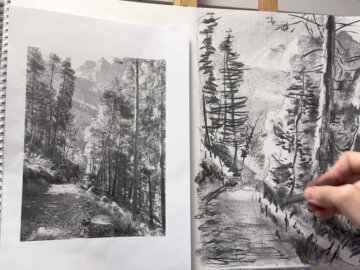 Dibujo de un paisaje al carboncillo: Composición y profundidad