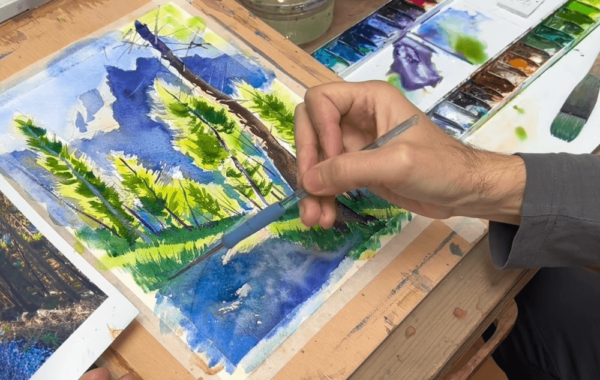 Como pintar un paisaje de pinos y montañas a la acuarela