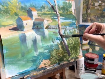 Cómo pintar un paisaje al acrílico: Un molino junto al río